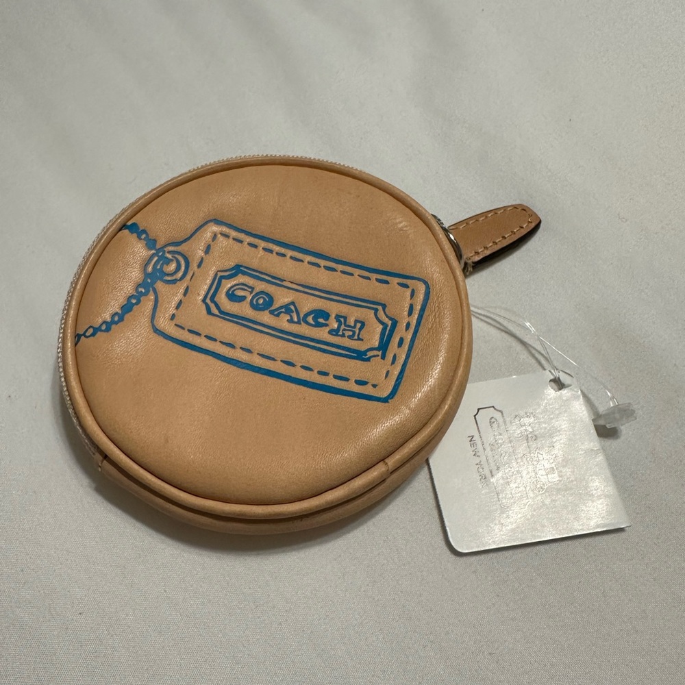 NWT Coach Tan Coin Purse with Blue Tag Design